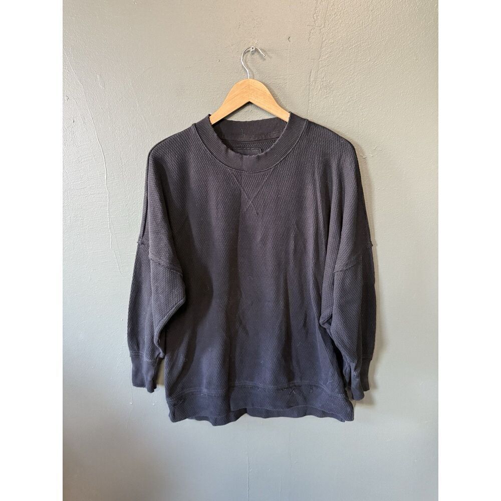 Aerie Womens Black Long Sleeve Ribbed Pullover Oversized Sweatshirt Size Medium